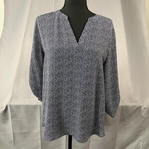 Chaus Shirt Womens Large Navy Blue White Dot Print Blouse 3/4 Sleeve Polyester